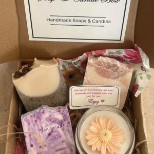 3 Soaps and a pebble candle in a box